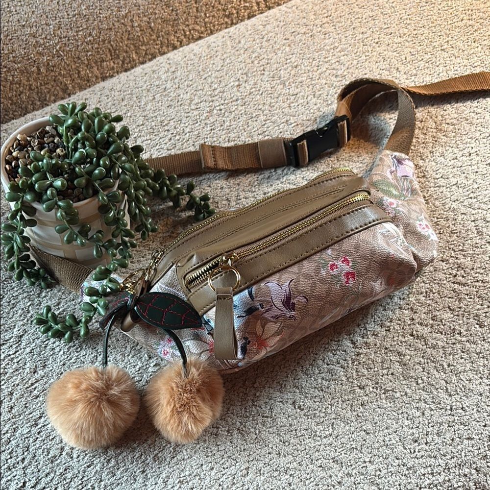 Designer LIKE Floral Tan Belt Bag with Pom Poms